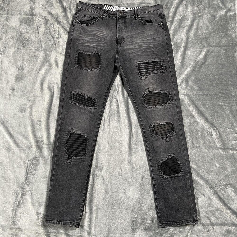 RGSTR Skinny Jeans Mens 34x32 Black Charcoal Wash Slim Distressed Stretch Denim